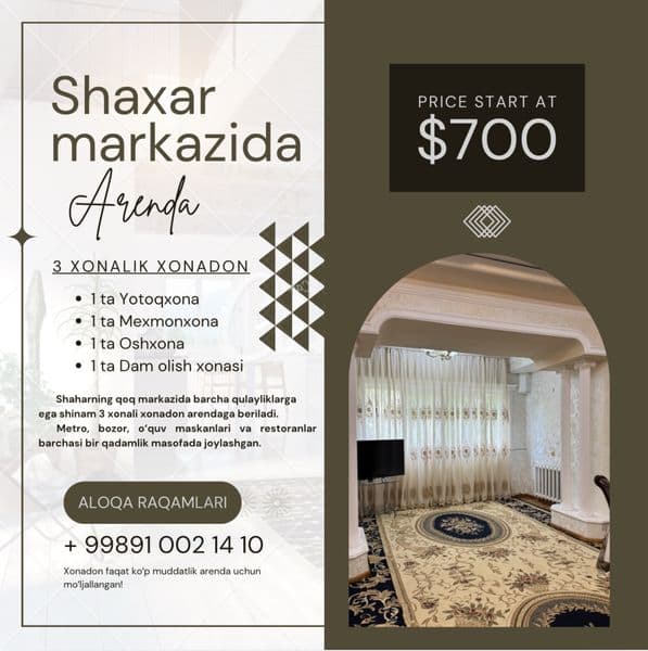 Toshkentning qoq markazida 3 xonali shinam xonadon ijaraga b